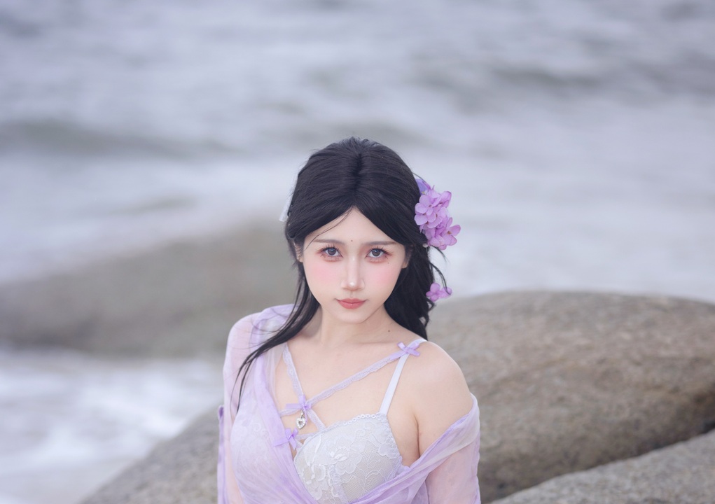 不呆猫 – 海边古风少女｜52P 海风卷过薄纱大袖的那秒，她把齐腰襦裙穿成浪声里的古韵私语-玩图志